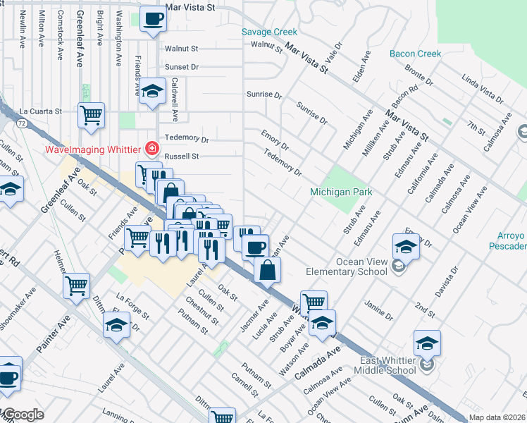 map of restaurants, bars, coffee shops, grocery stores, and more near 13833 Ramona Drive in Whittier