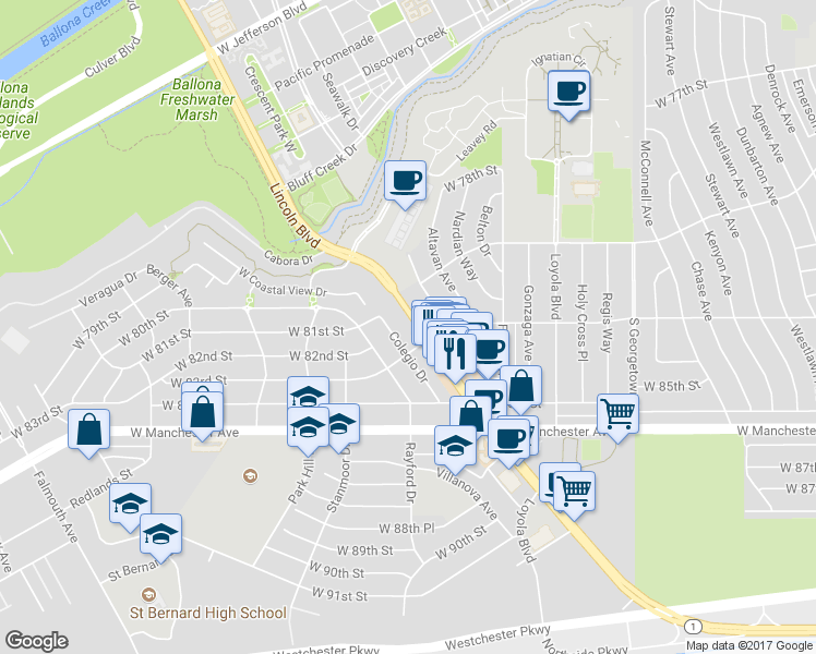 map of restaurants, bars, coffee shops, grocery stores, and more near 8107 Lincoln Boulevard in Los Angeles