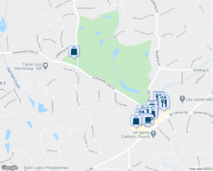 map of restaurants, bars, coffee shops, grocery stores, and more near 4101 Dunwoody Club Drive in Atlanta