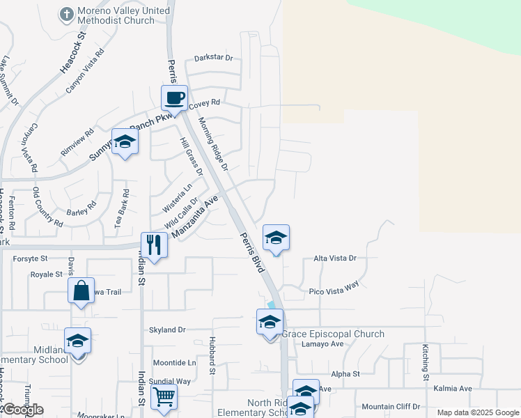 map of restaurants, bars, coffee shops, grocery stores, and more near 10867 Cloud Haven Drive in Moreno Valley