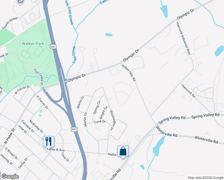 map of restaurants, bars, coffee shops, grocery stores, and more near 309 Woodridge Circle in Athens