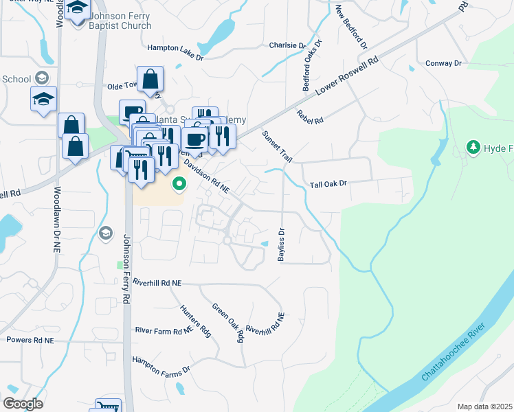 map of restaurants, bars, coffee shops, grocery stores, and more near 5105 Davidson Road Northeast in Marietta