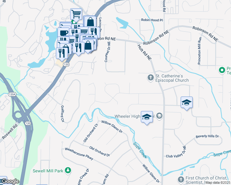 map of restaurants, bars, coffee shops, grocery stores, and more near 2377 Emory Lane Northeast in Marietta