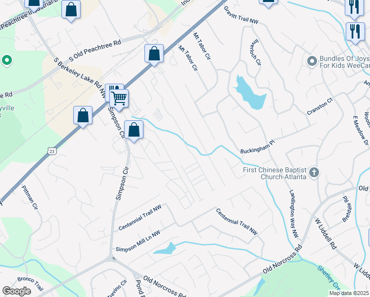 map of restaurants, bars, coffee shops, grocery stores, and more near 2264 Shetley Creek Drive in Norcross