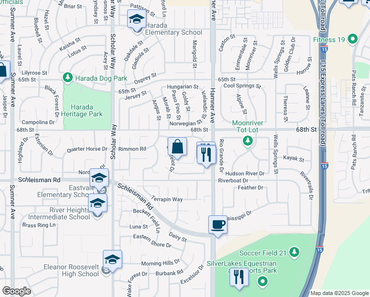 map of restaurants, bars, coffee shops, grocery stores, and more near 6870 Guinevere Court in Corona