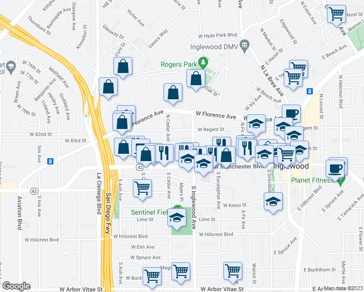 map of restaurants, bars, coffee shops, grocery stores, and more near 401 West Queen Street in Inglewood