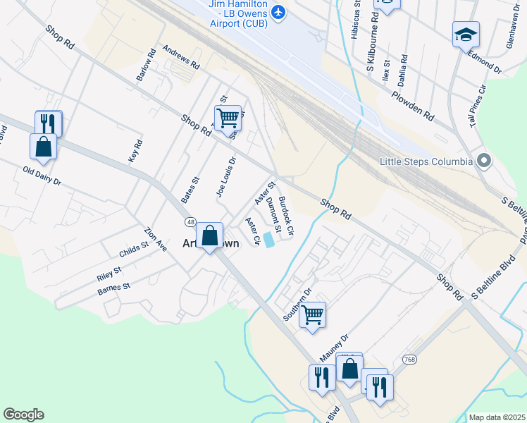 map of restaurants, bars, coffee shops, grocery stores, and more near 10 Acme Street in Columbia