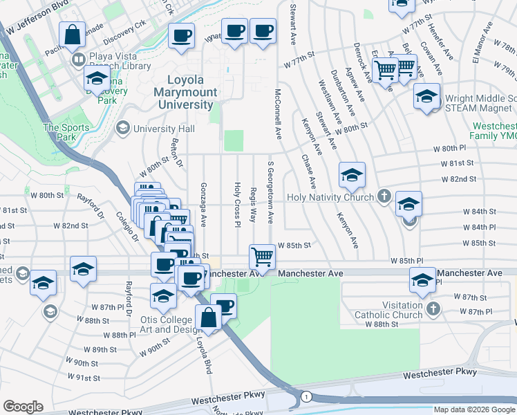 map of restaurants, bars, coffee shops, grocery stores, and more near 8306 Regis Way in Los Angeles