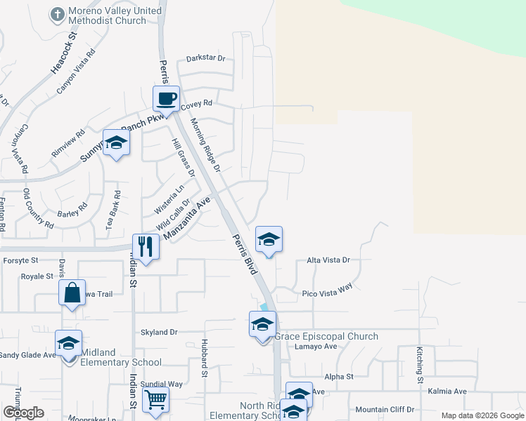 map of restaurants, bars, coffee shops, grocery stores, and more near 10867 Cloud Haven Drive in Moreno Valley