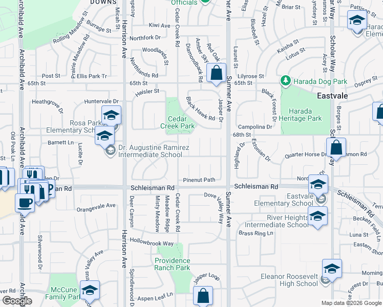 map of restaurants, bars, coffee shops, grocery stores, and more near 6884 Raspberry Court in Corona