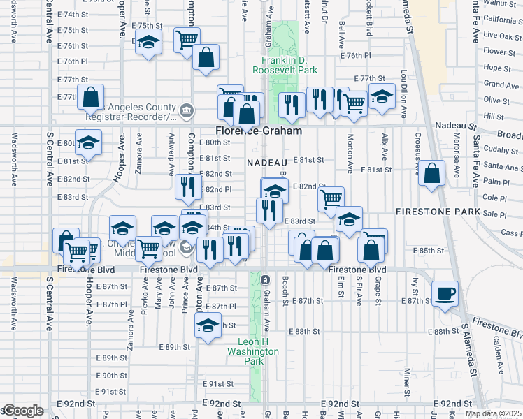 map of restaurants, bars, coffee shops, grocery stores, and more near 1674 East 83rd Street in Los Angeles