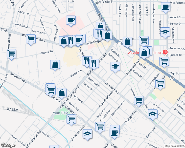 map of restaurants, bars, coffee shops, grocery stores, and more near 12616 Lambert Road in Whittier