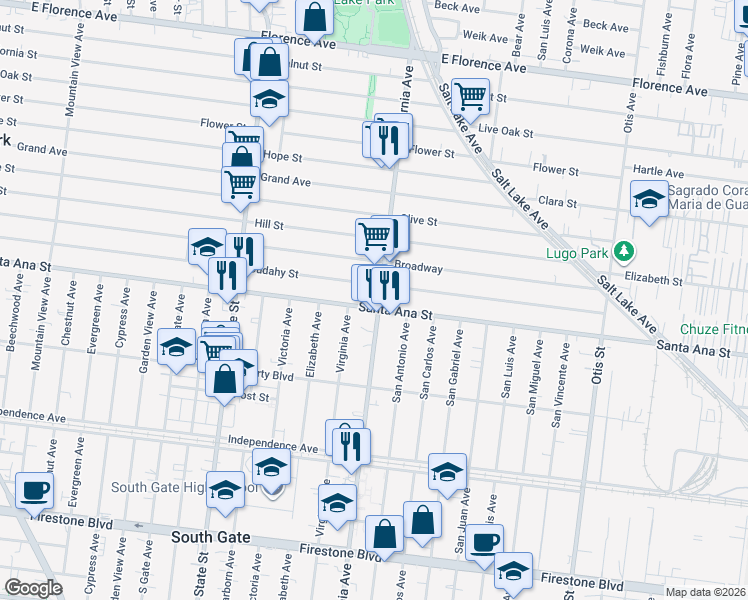 map of restaurants, bars, coffee shops, grocery stores, and more near 8107 California Avenue in South Gate