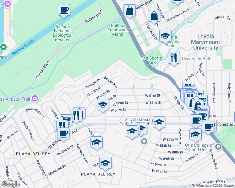 map of restaurants, bars, coffee shops, grocery stores, and more near 8012 Berger Place in Los Angeles