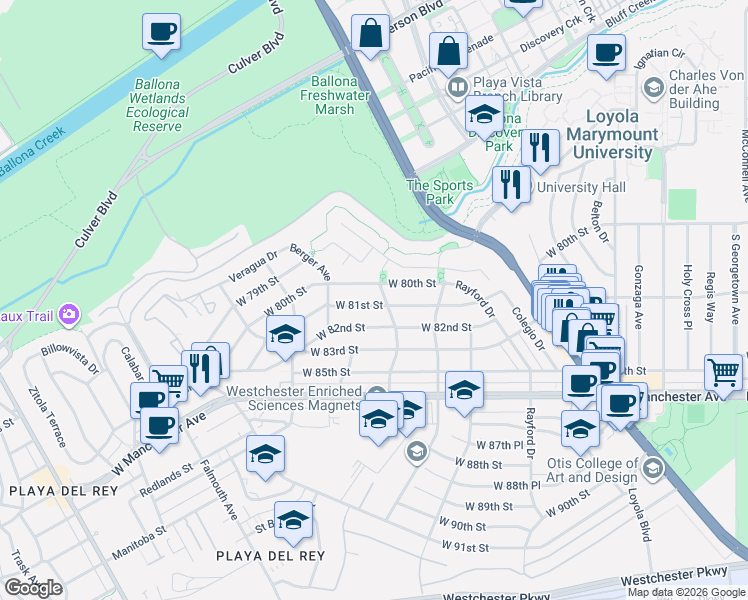 map of restaurants, bars, coffee shops, grocery stores, and more near 7511 West 81st Street in Los Angeles