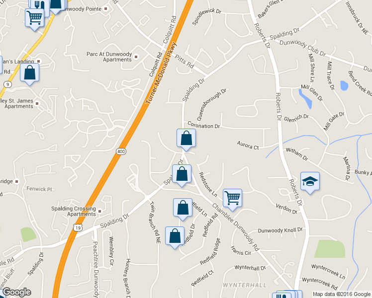 map of restaurants, bars, coffee shops, grocery stores, and more near 1032 Spalding Club Court in Dunwoody