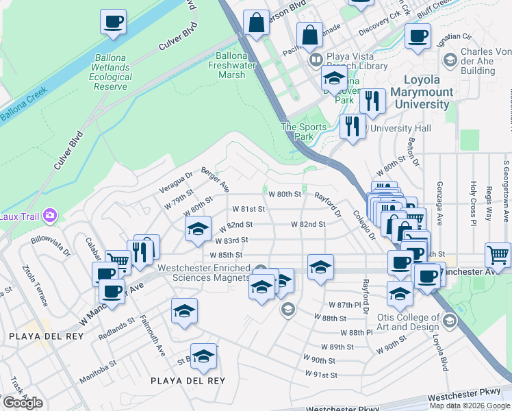 map of restaurants, bars, coffee shops, grocery stores, and more near 7517 West 81st Street in Los Angeles