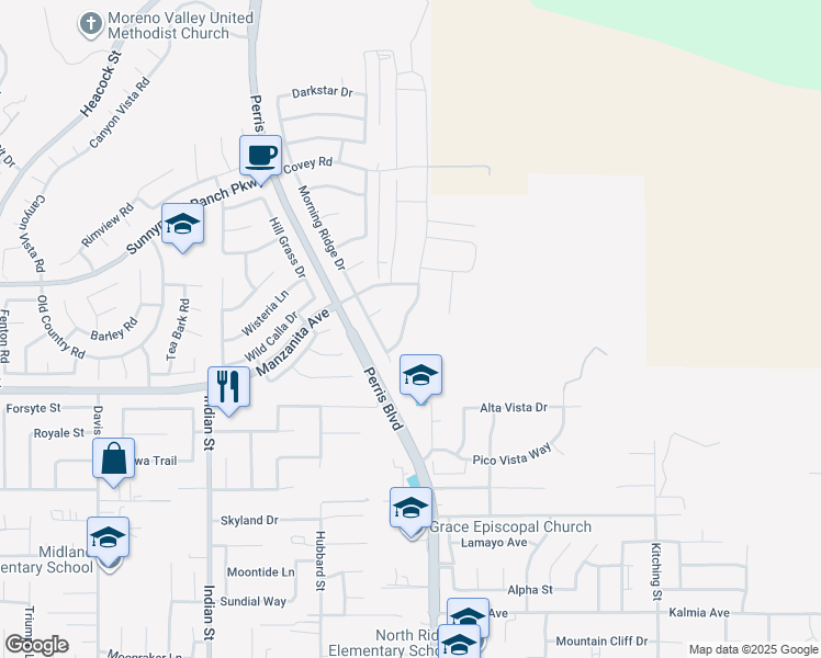 map of restaurants, bars, coffee shops, grocery stores, and more near 10867 Cloud Haven Drive in Moreno Valley
