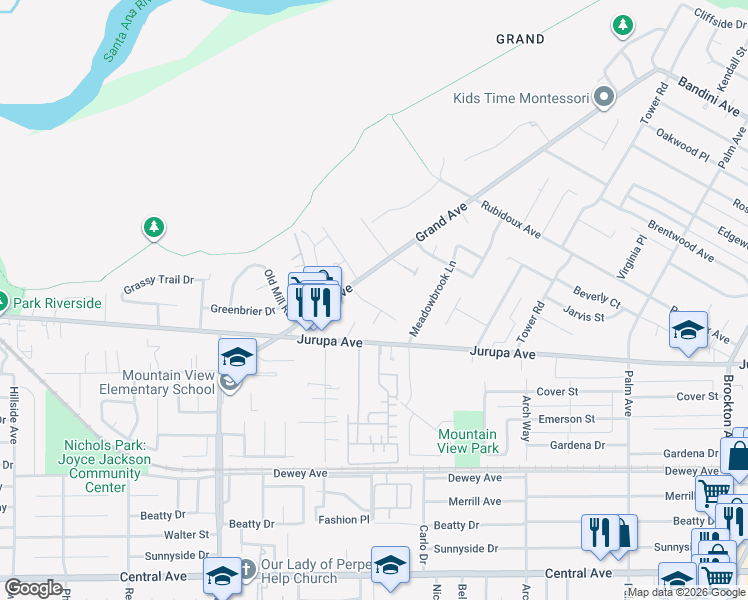 map of restaurants, bars, coffee shops, grocery stores, and more near 5022 Carlingford Avenue in Riverside
