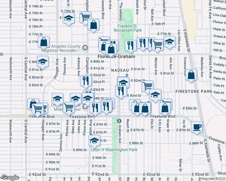 map of restaurants, bars, coffee shops, grocery stores, and more near 1674 East 83rd Street in Los Angeles