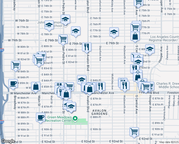 map of restaurants, bars, coffee shops, grocery stores, and more near 615 East 84th Street in Los Angeles