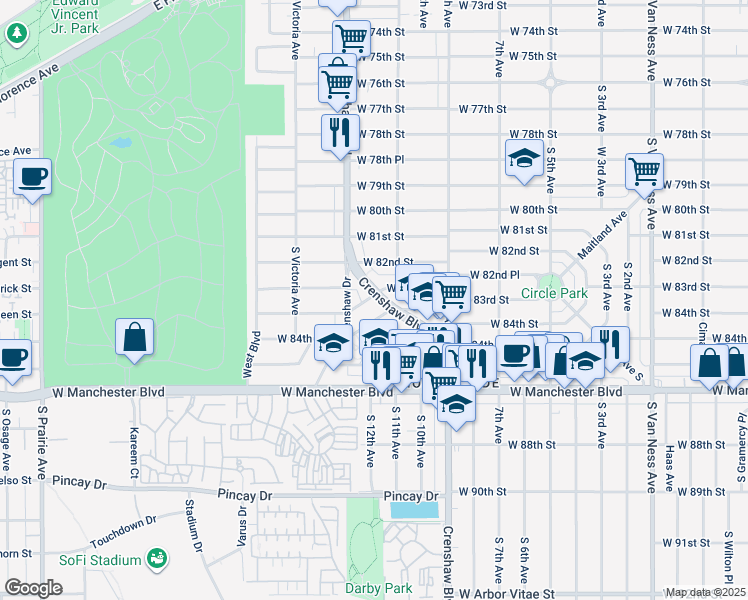 map of restaurants, bars, coffee shops, grocery stores, and more near 8310 Crenshaw Boulevard in Inglewood