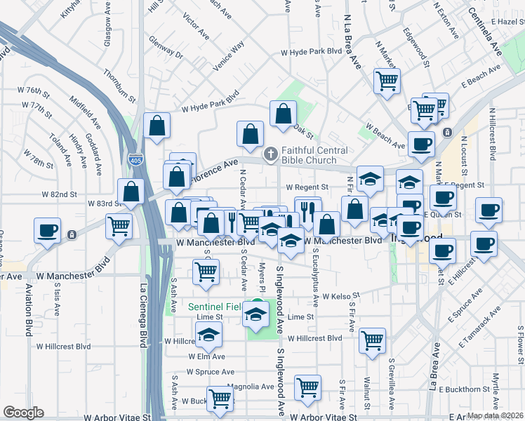 map of restaurants, bars, coffee shops, grocery stores, and more near 441 West Queen Street in Inglewood