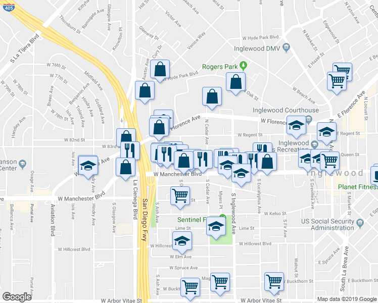map of restaurants, bars, coffee shops, grocery stores, and more near 517 West Queen Street in Inglewood