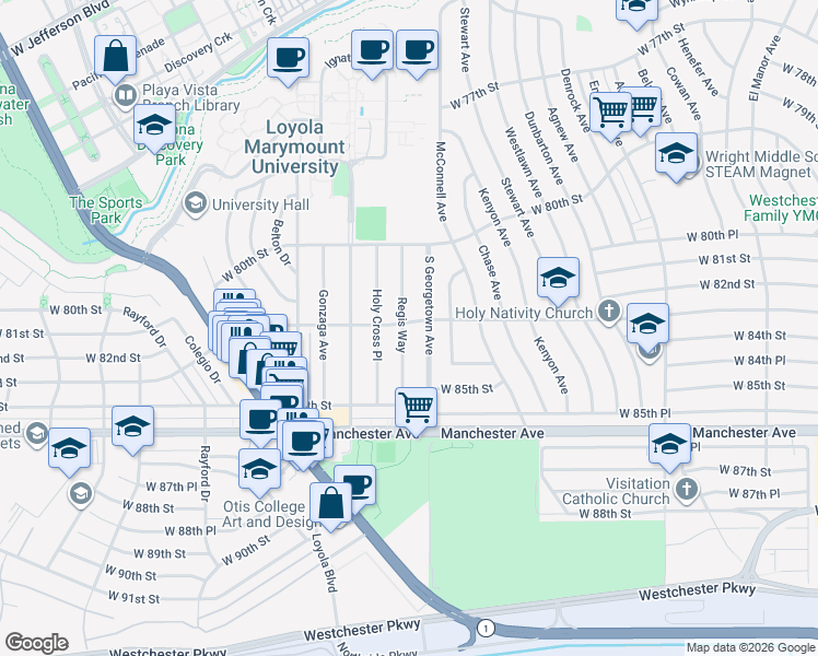 map of restaurants, bars, coffee shops, grocery stores, and more near 8306 Regis Way in Los Angeles