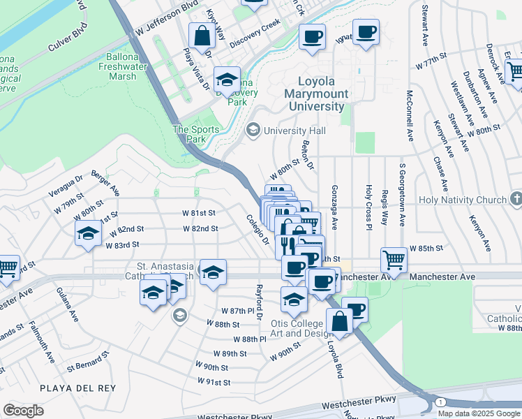 map of restaurants, bars, coffee shops, grocery stores, and more near 8129 Lincoln Boulevard in Los Angeles