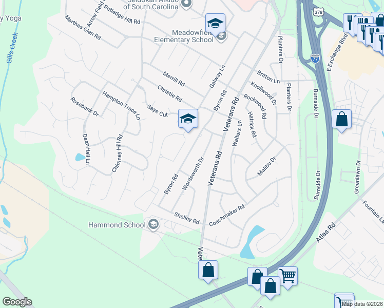 map of restaurants, bars, coffee shops, grocery stores, and more near 909 Wordsworth Drive in Columbia