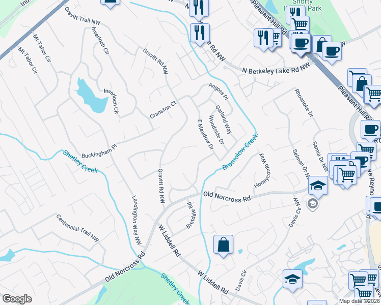 map of restaurants, bars, coffee shops, grocery stores, and more near 4021 Creek Hollow Way in Duluth