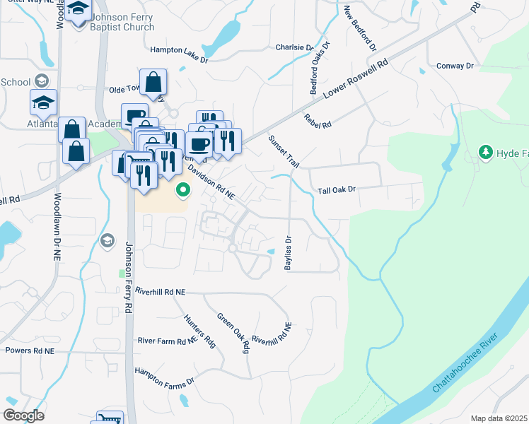 map of restaurants, bars, coffee shops, grocery stores, and more near 5105 Davidson Road Northeast in Marietta