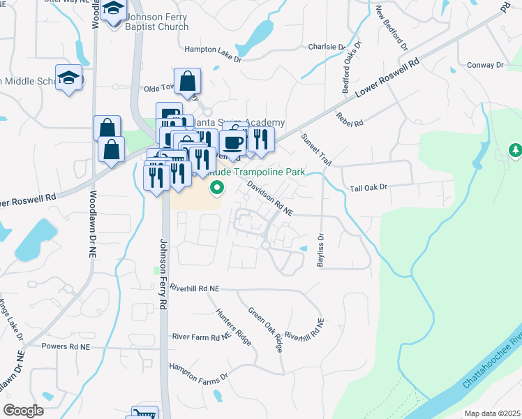 map of restaurants, bars, coffee shops, grocery stores, and more near 613 Serramonte Drive in Marietta