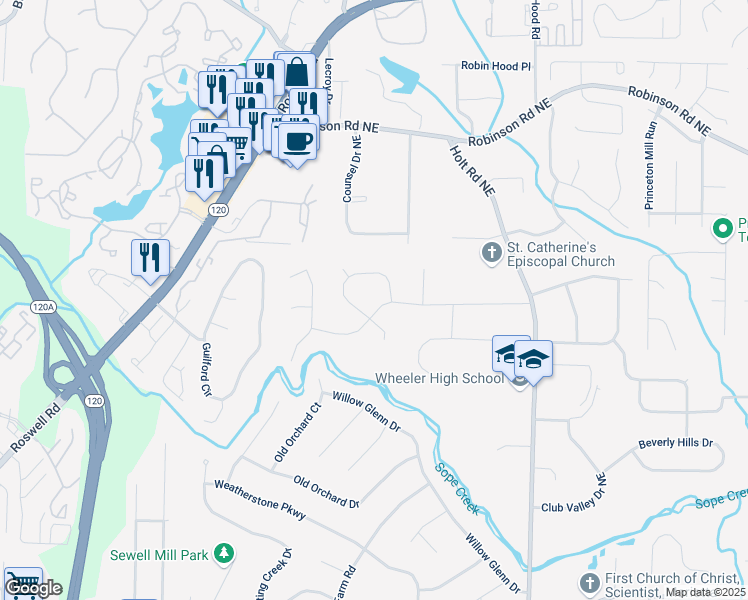map of restaurants, bars, coffee shops, grocery stores, and more near 2377 Emory Lane Northeast in Marietta