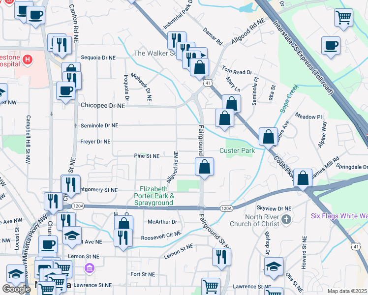 map of restaurants, bars, coffee shops, grocery stores, and more near 465 Hyde Drive Northeast in Marietta
