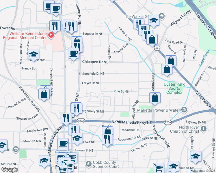 map of restaurants, bars, coffee shops, grocery stores, and more near 310 Freyer Drive Northeast in Marietta