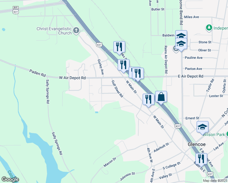 map of restaurants, bars, coffee shops, grocery stores, and more near 202 Ethel Street in Gadsden