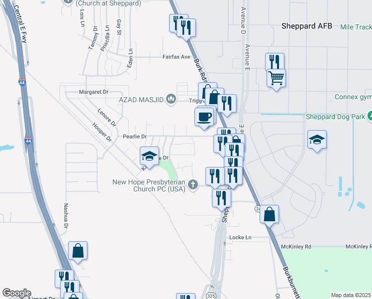 map of restaurants, bars, coffee shops, grocery stores, and more near 1701 Pearlie Drive in Wichita Falls