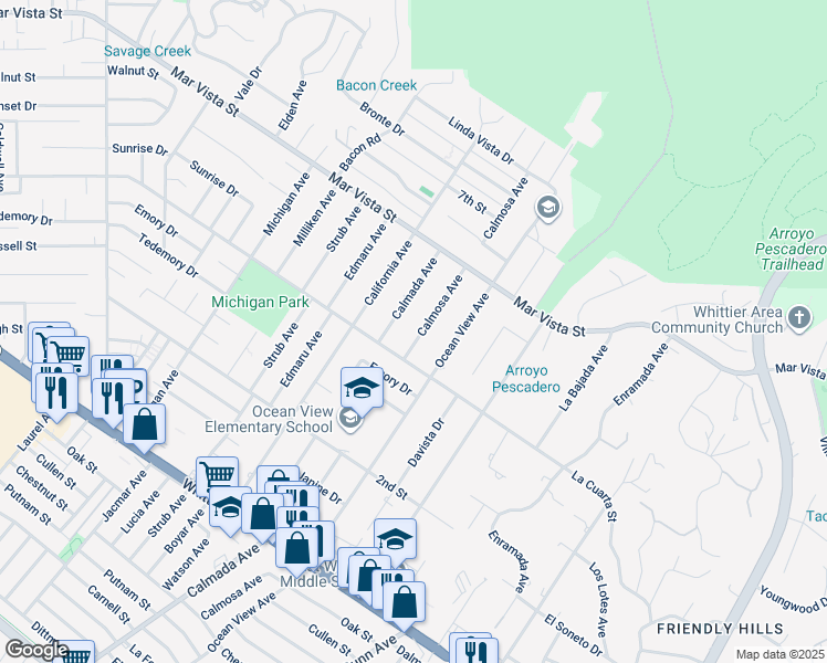 map of restaurants, bars, coffee shops, grocery stores, and more near 8333 Calmosa Avenue in Whittier