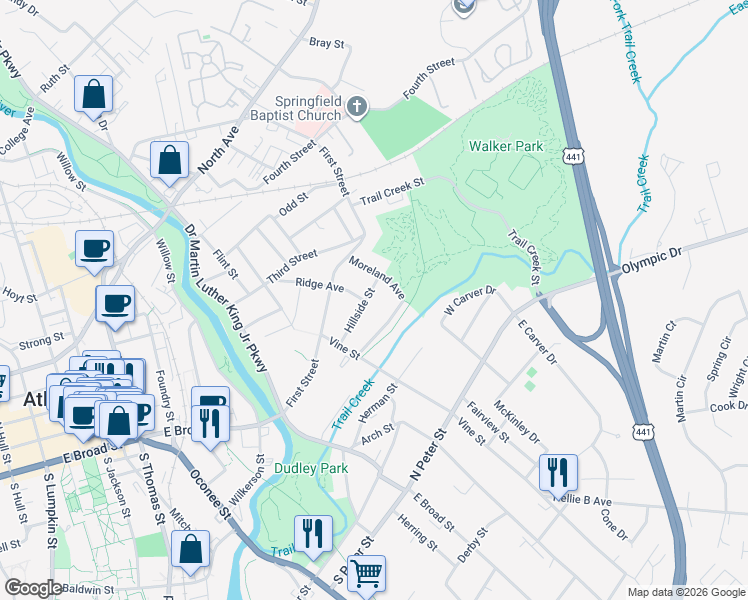 map of restaurants, bars, coffee shops, grocery stores, and more near 210 Hillside Street in Athens