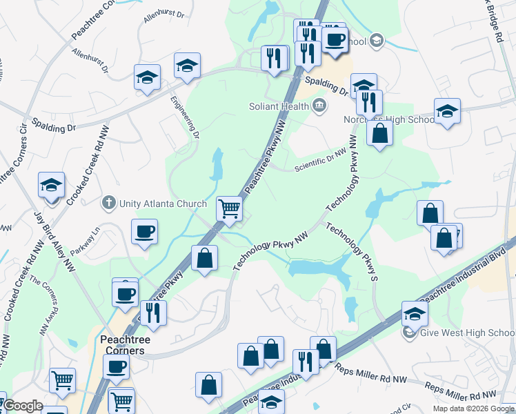map of restaurants, bars, coffee shops, grocery stores, and more near 5696 Peachtree Parkway in Norcross