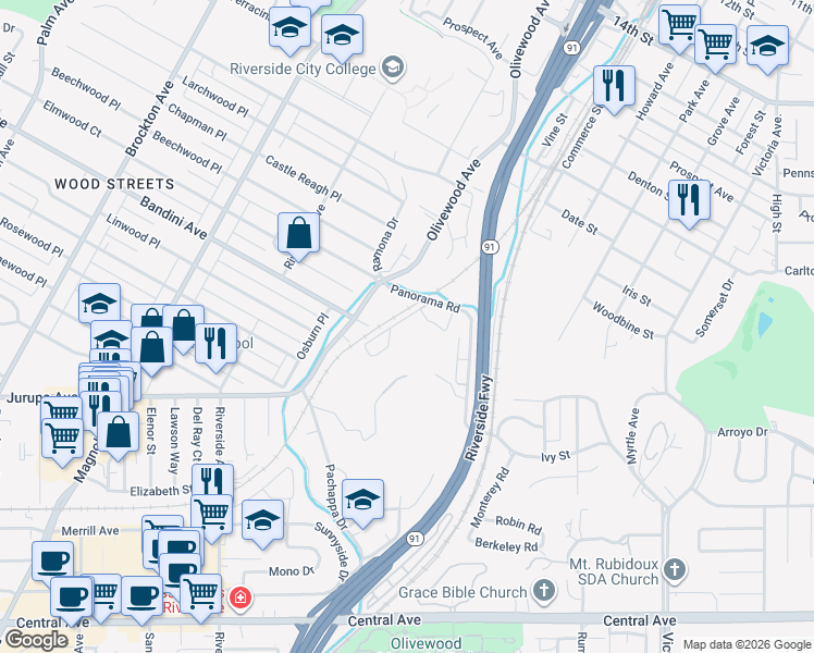 map of restaurants, bars, coffee shops, grocery stores, and more near 3250 Panorama Road in Riverside
