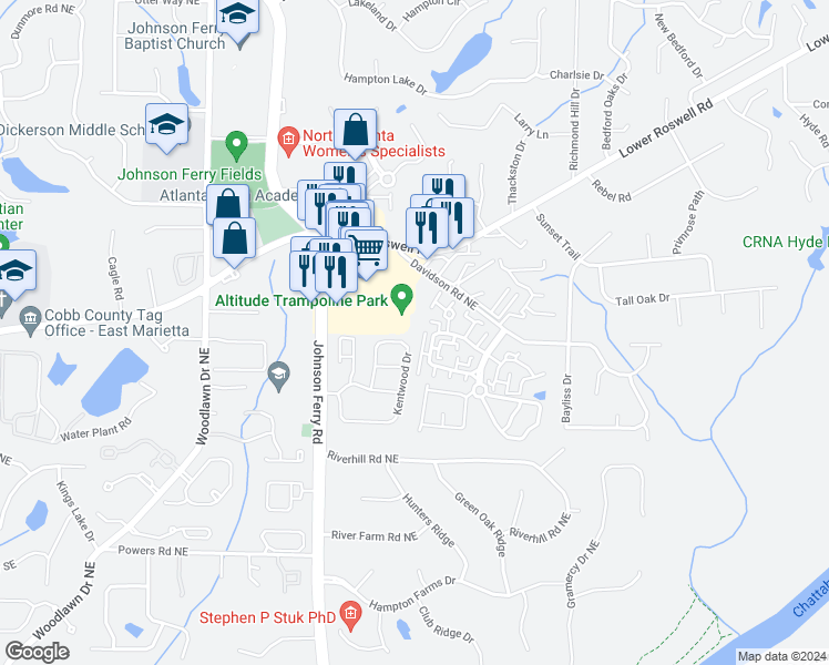 map of restaurants, bars, coffee shops, grocery stores, and more near 4924 Kentwood Drive in Marietta