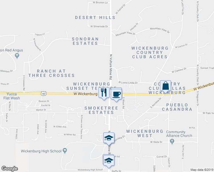 map of restaurants, bars, coffee shops, grocery stores, and more near 100 North Vulture Mine Road in Wickenburg