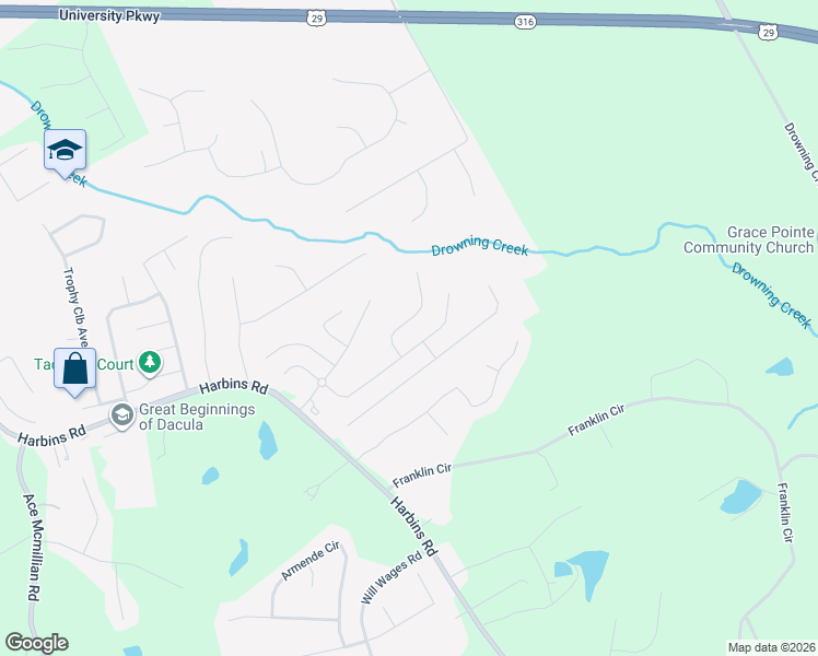 map of restaurants, bars, coffee shops, grocery stores, and more near 2879 Estate View Court in Dacula