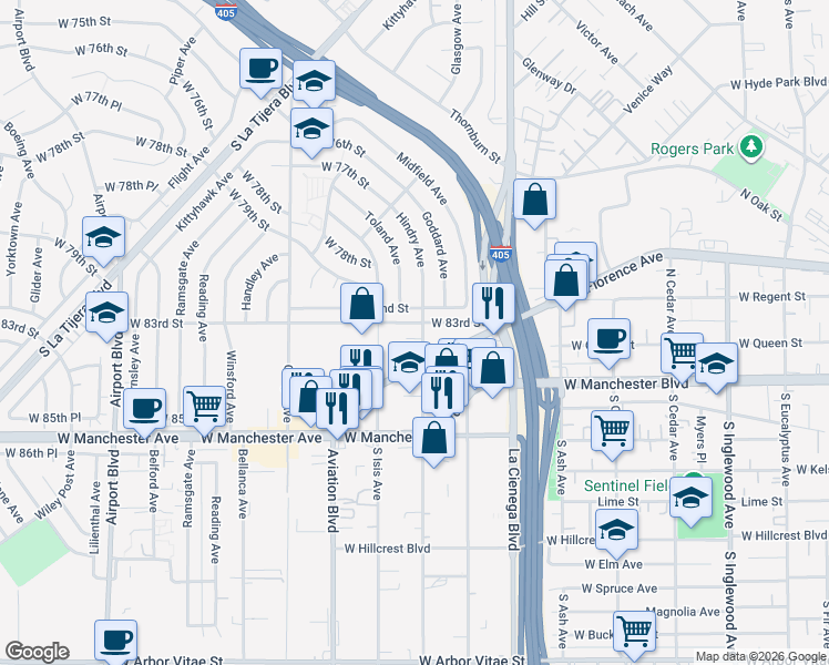 map of restaurants, bars, coffee shops, grocery stores, and more near 8319 Hindry Avenue in Los Angeles