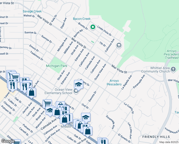map of restaurants, bars, coffee shops, grocery stores, and more near 8333 Calmosa Avenue in Whittier
