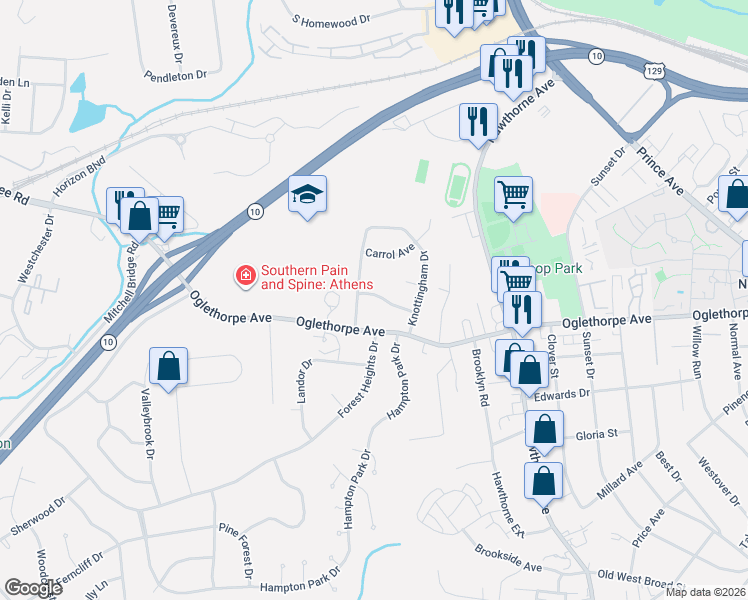 map of restaurants, bars, coffee shops, grocery stores, and more near 155 Davis Place in Athens