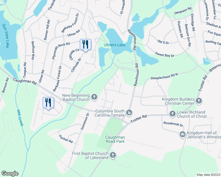 map of restaurants, bars, coffee shops, grocery stores, and more near 117 Twin Oaks Lane in Columbia